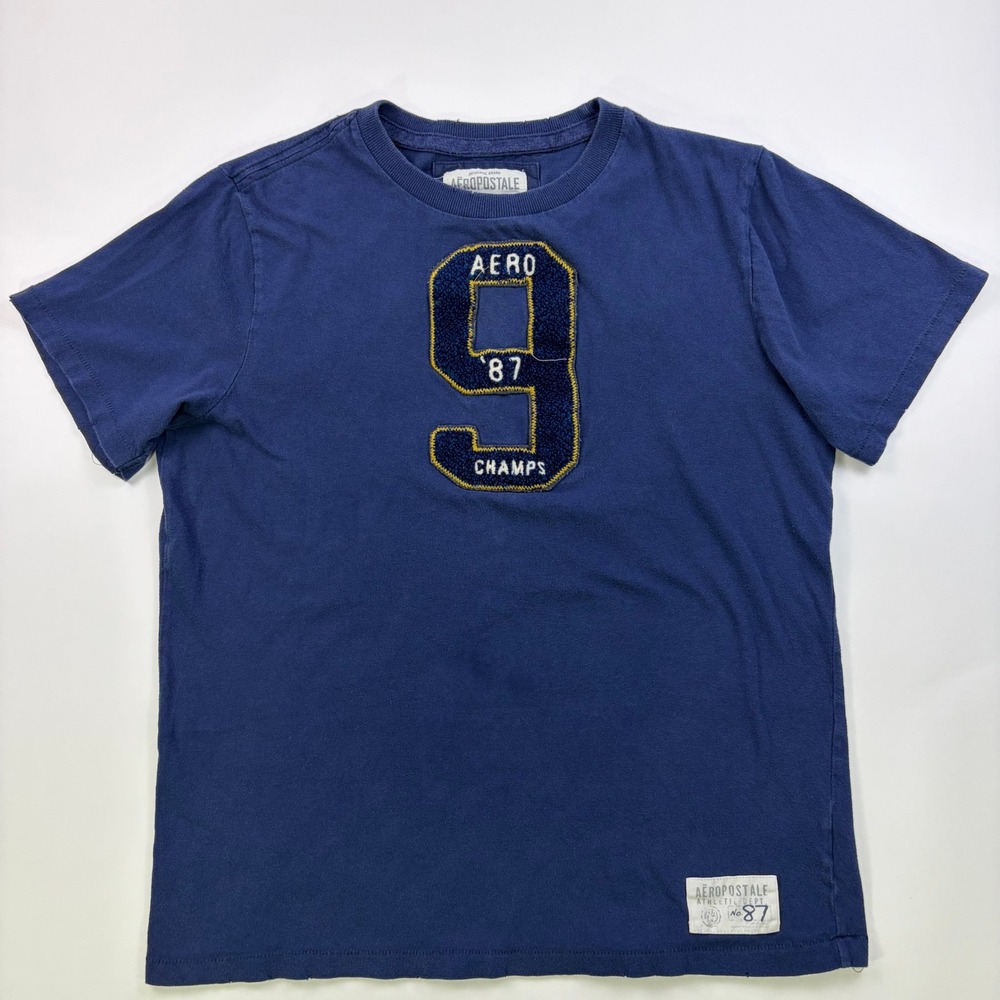 Y2K Aeropostale 1987 Aero Champs Graphic T Shirt Mens Large Navy Chenille Patch